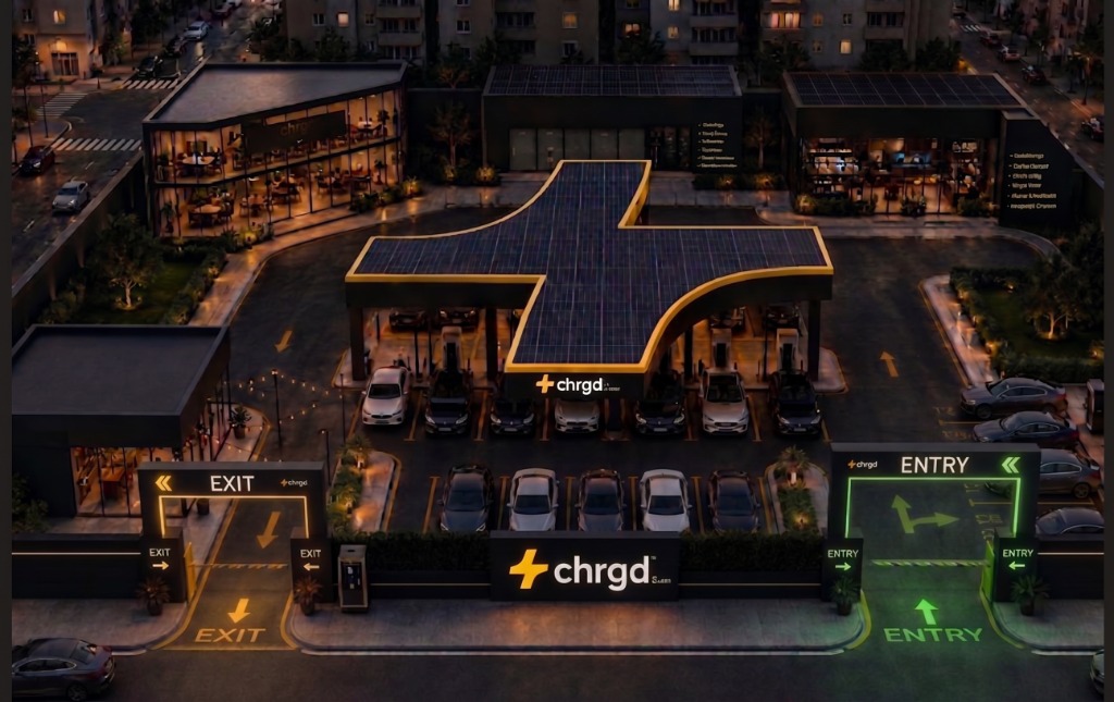 CHRGD flagship aerial charging station hub with yellow solar canopy and illuminated entry exit gates